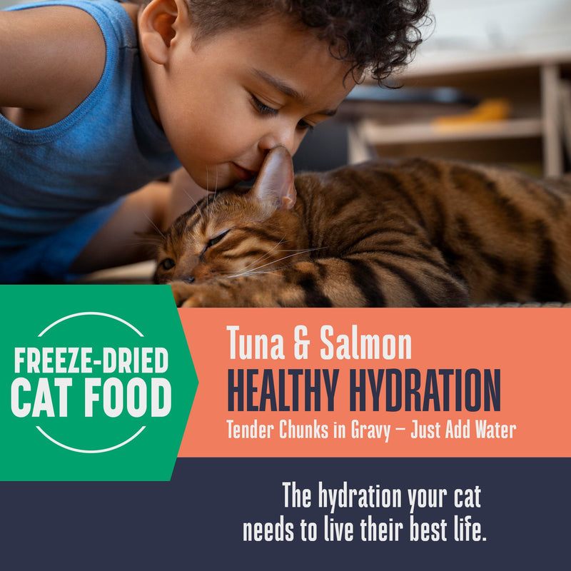 Hydrating Snack and Meal Complement For Cats – Shredded Salmon with Tuna Chunks in Gravy